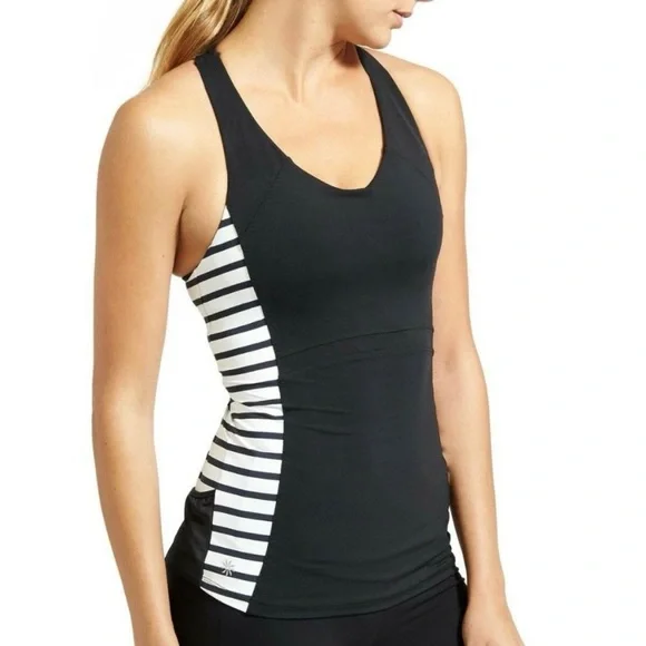 Athleta Ace Racer Back Tank Top Black White Stripes Tennis EUC XS - Picture 1 of 12
